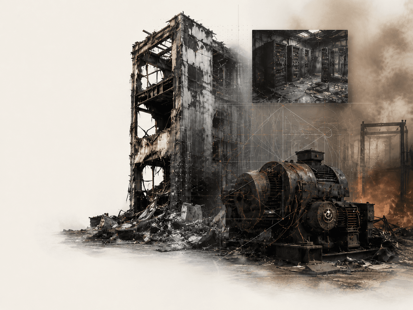 Bâtiment industriel incendié, baie informatique endommagée et machine sinistrée.